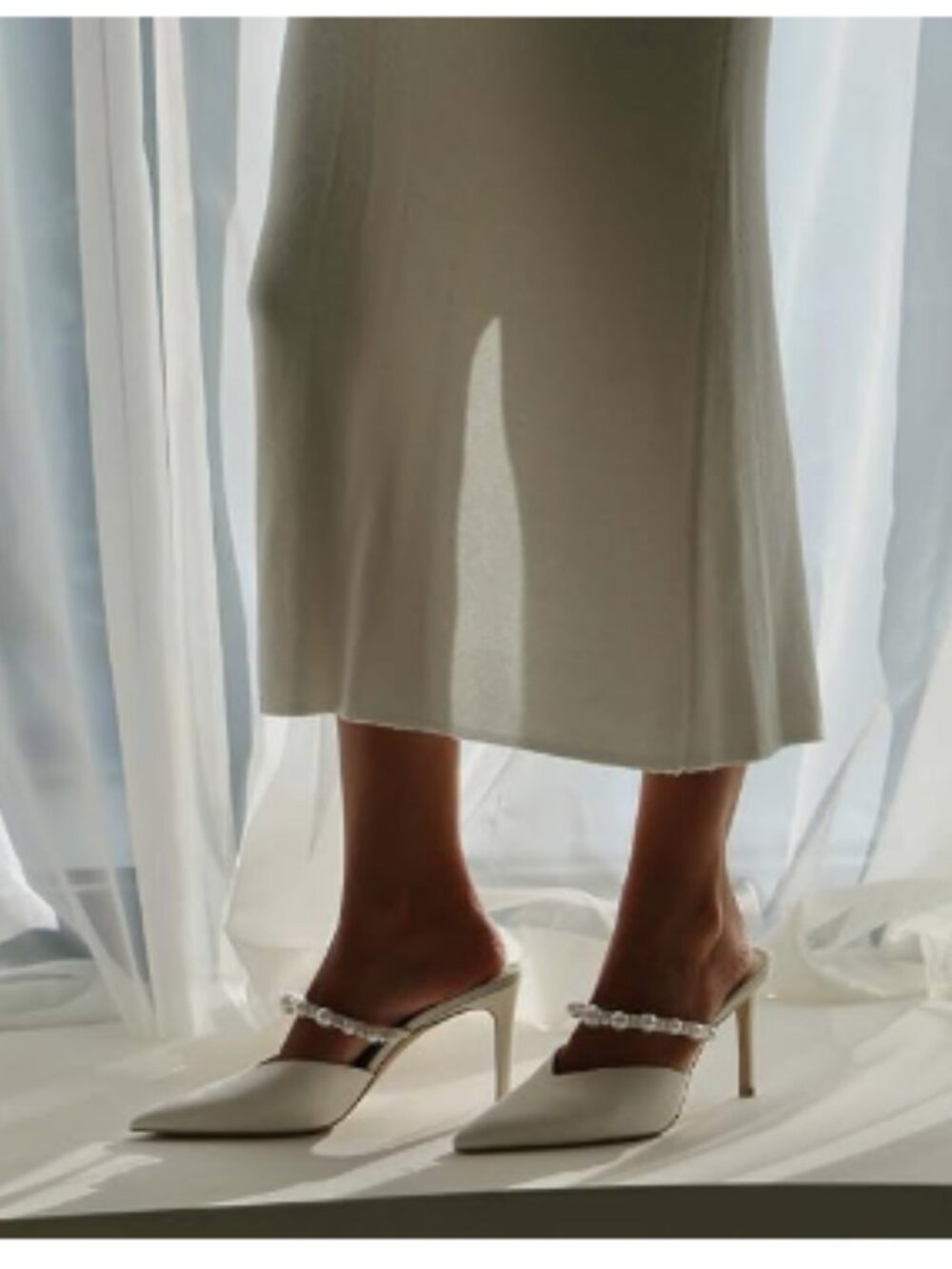 FYS White Pointed Toe Pearl Strap Mules Slip on Stiletto High Heels Dressy Shoes